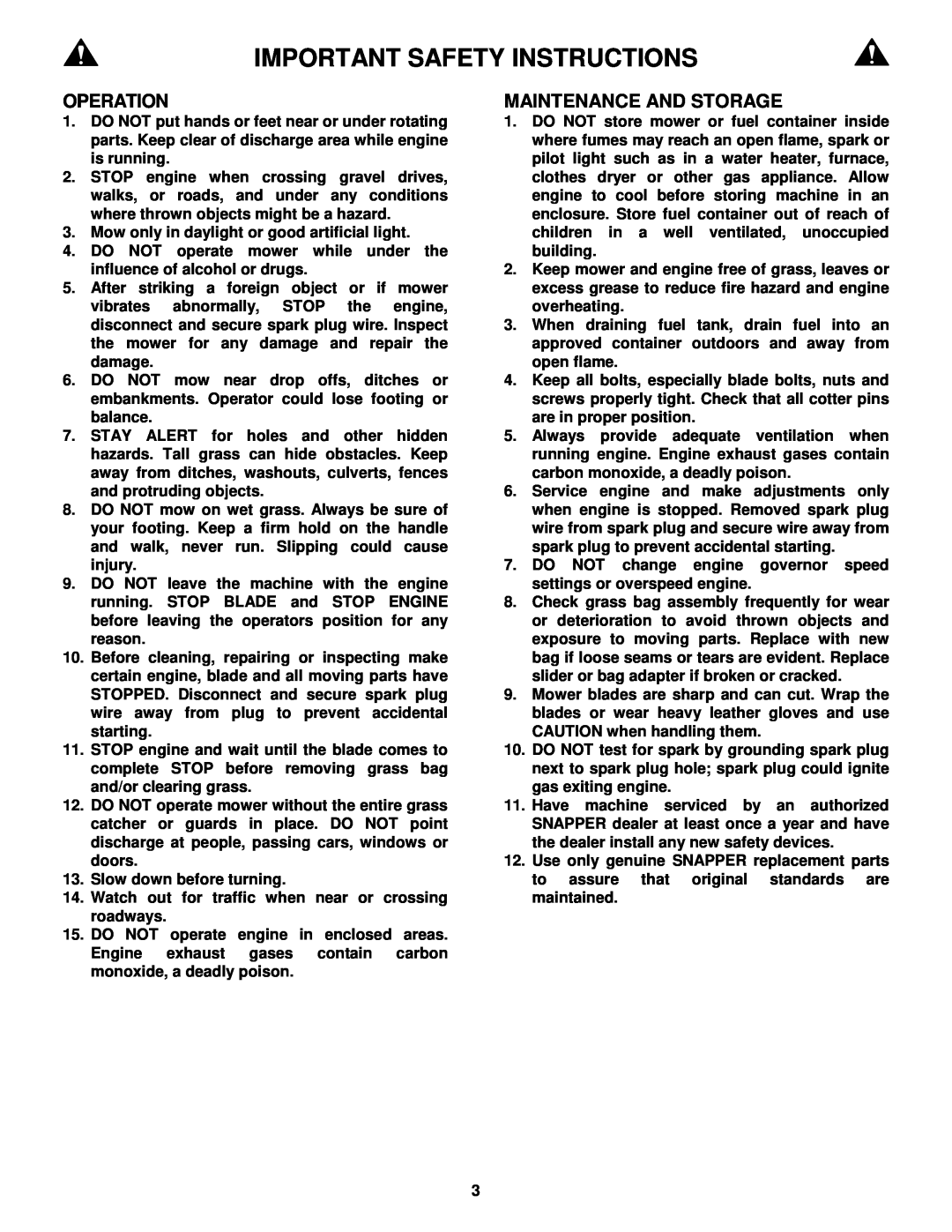 Snapper MRP216015B important safety instructions Important Safety Instructions, Operation, Maintenance And Storage 