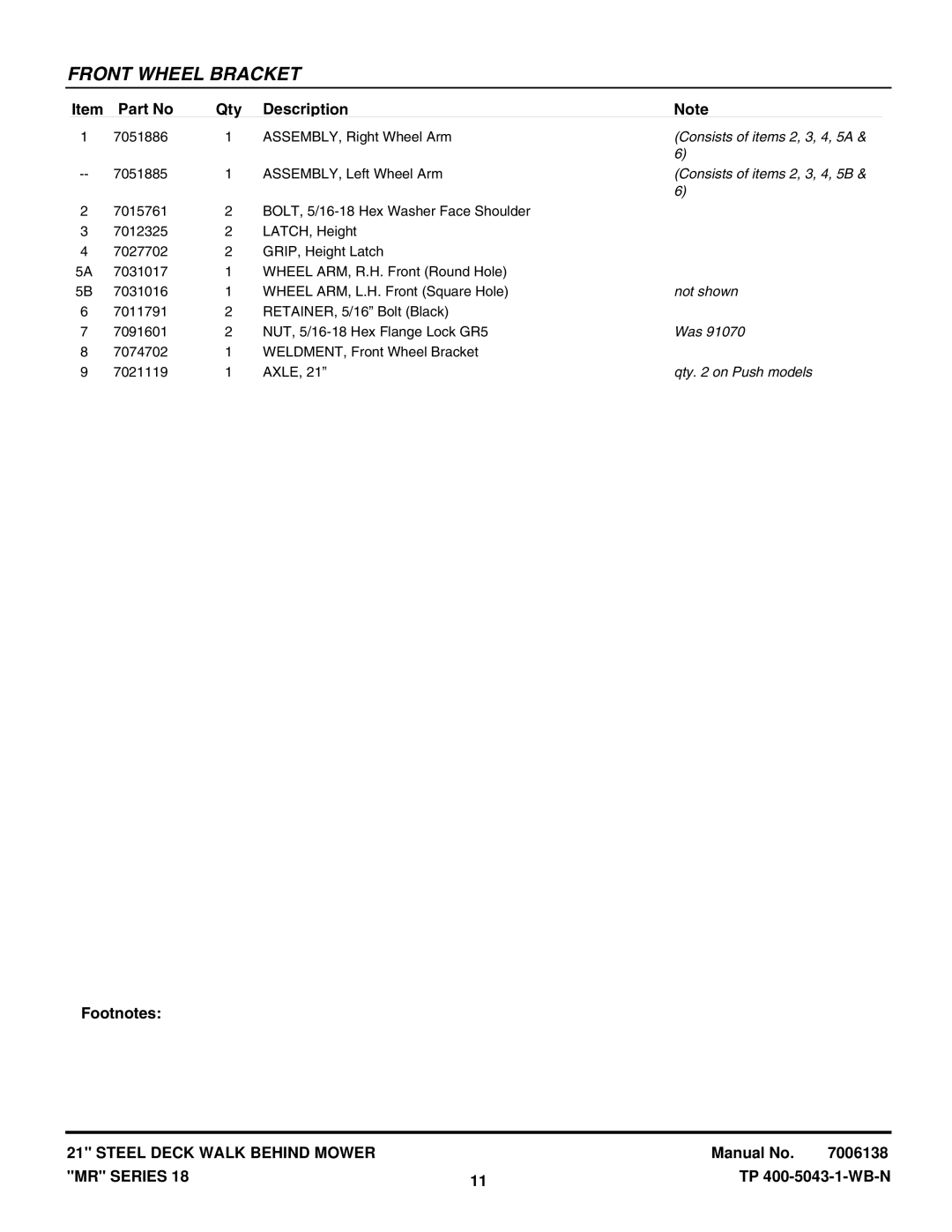 Snapper MR216518B, MRP216518B Consists of items 2, 3, 4, 5A, Consists of items 2, 3, 4, 5B, Not shown, Qty on Push models 