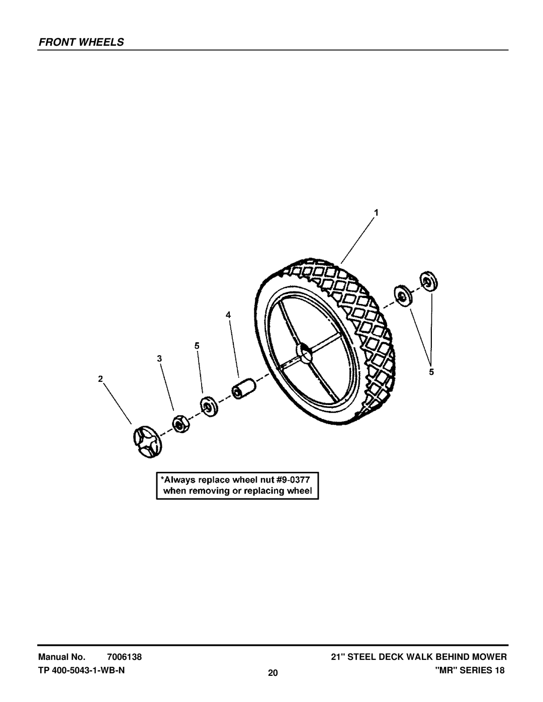 Snapper MRP216518B, MR216518B manual Front Wheels 