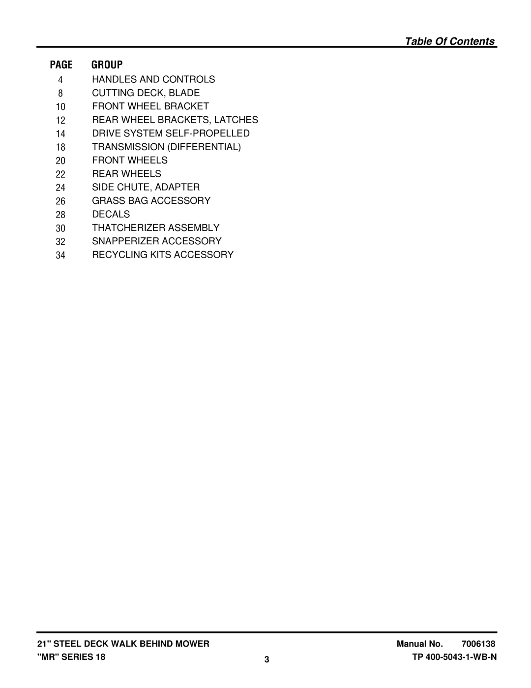 Snapper MR216518B, MRP216518B manual Table Of Contents 