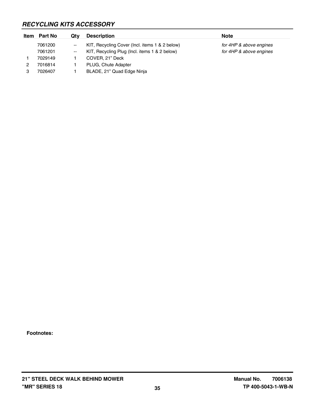 Snapper MR216518B, MRP216518B manual For 4HP & above engines 