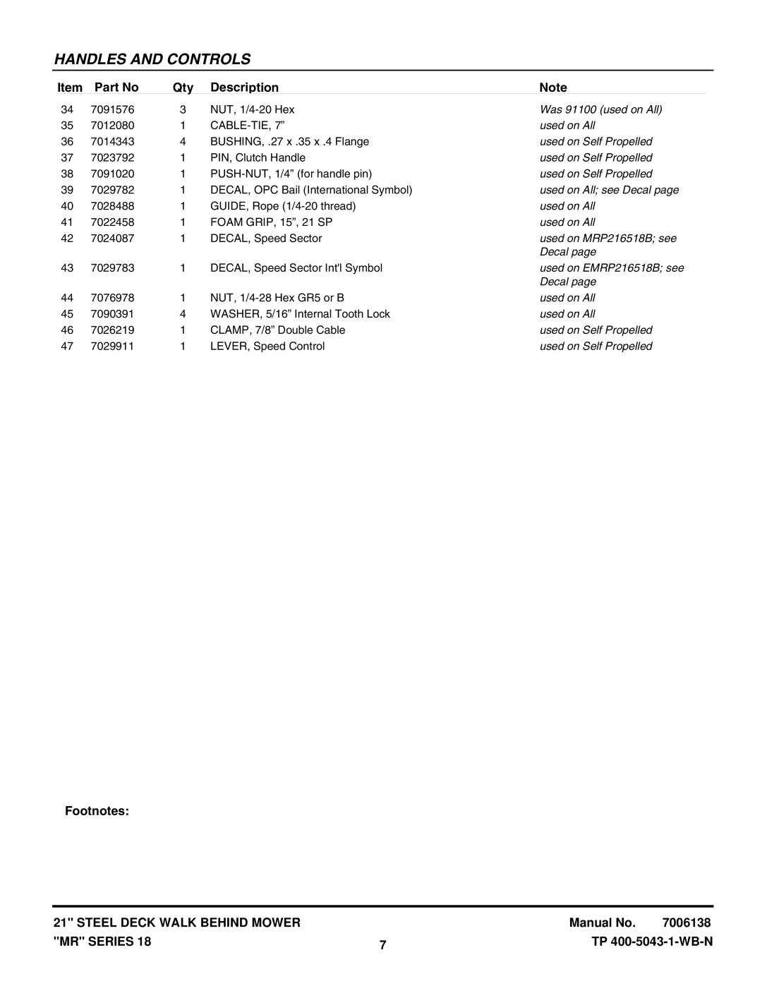 Snapper MR216518B manual Was 91100 used on All, Used on All see Decal, Used on MRP216518B see, Used on EMRP216518B see 