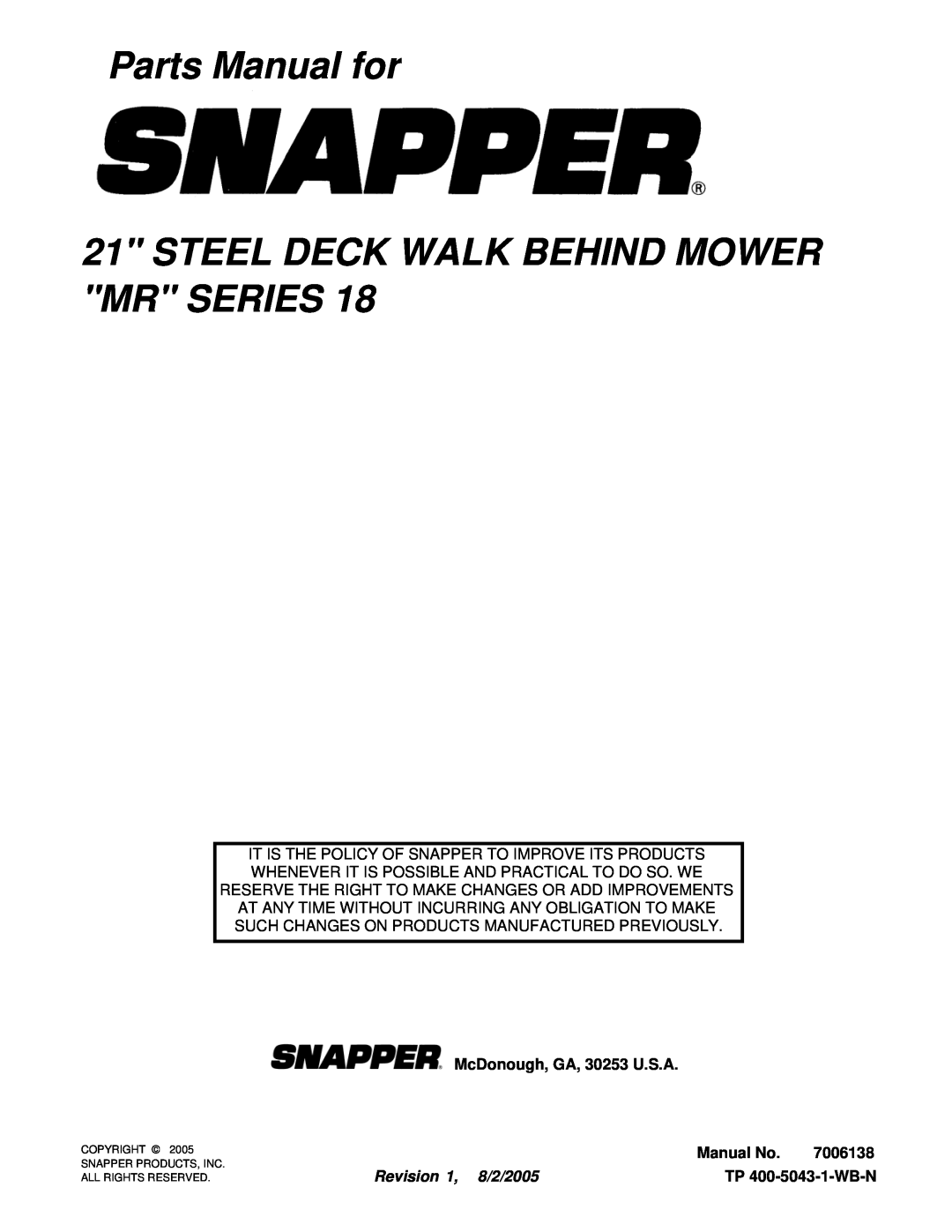 Snapper MRP216518B manual Parts Manual for, Steel Deck Walk Behind Mower Mr Series, McDonough, GA, 30253 U.S.A, Manual No 