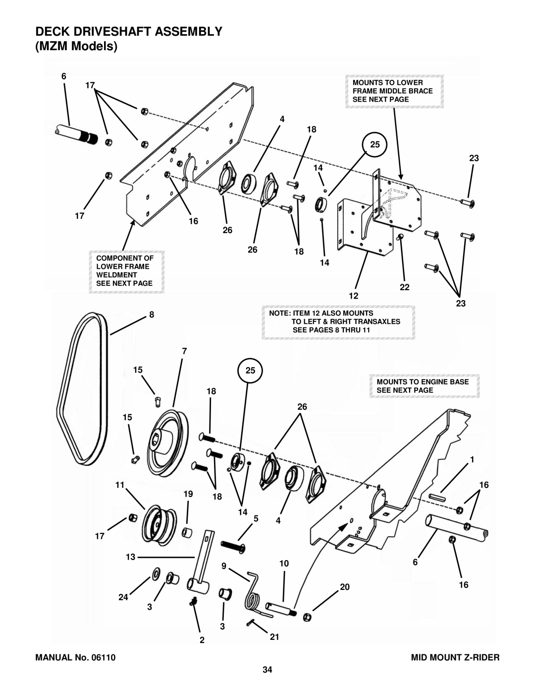 Snapper ZM6100M, MZM2200KH, MZM2300KH, MZM2301KH, ZM6102M, ZMT2500KH, ZM6101M, ZM5202M manual Deck Driveshaft Assembly MZM Models 