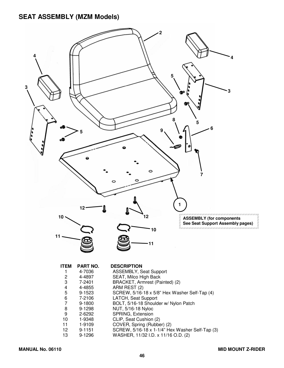 Snapper ZMT2500KH, MZM2200KH, MZM2300KH, MZM2301KH, ZM6102M, ZM6101M, ZM6100M, ZM5202M manual Seat Assembly MZM Models, ARM Rest 