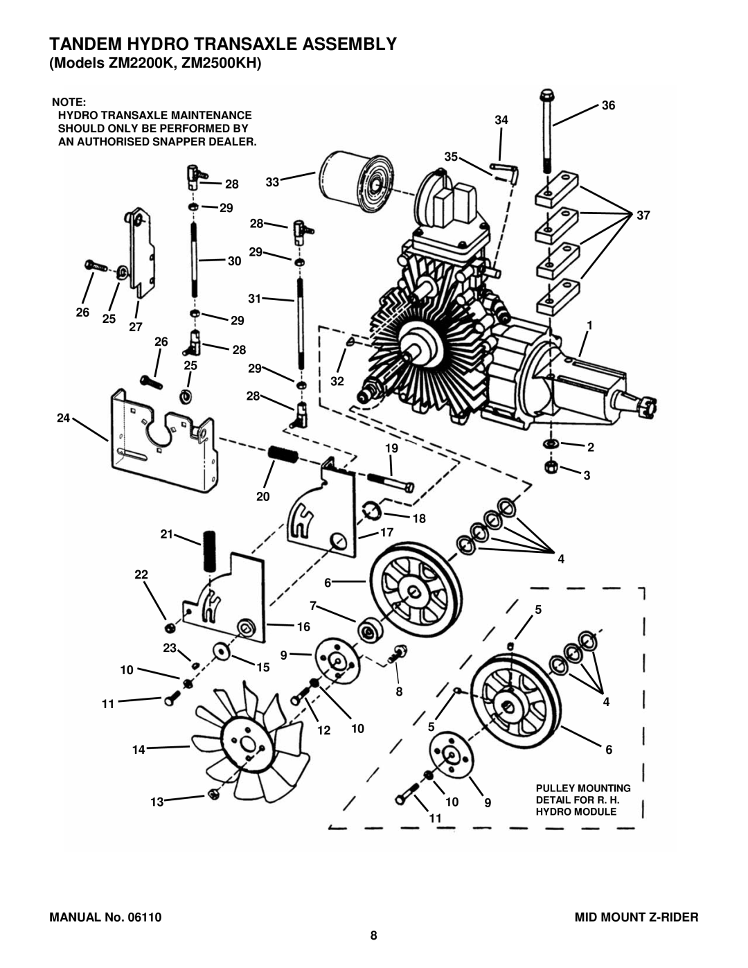 Snapper ZM5201M, MZM2200KH, MZM2300KH, MZM2301KH, ZM6102M, ZMT2500KH Tandem Hydro Transaxle Assembly, Models ZM2200K, ZM2500KH 