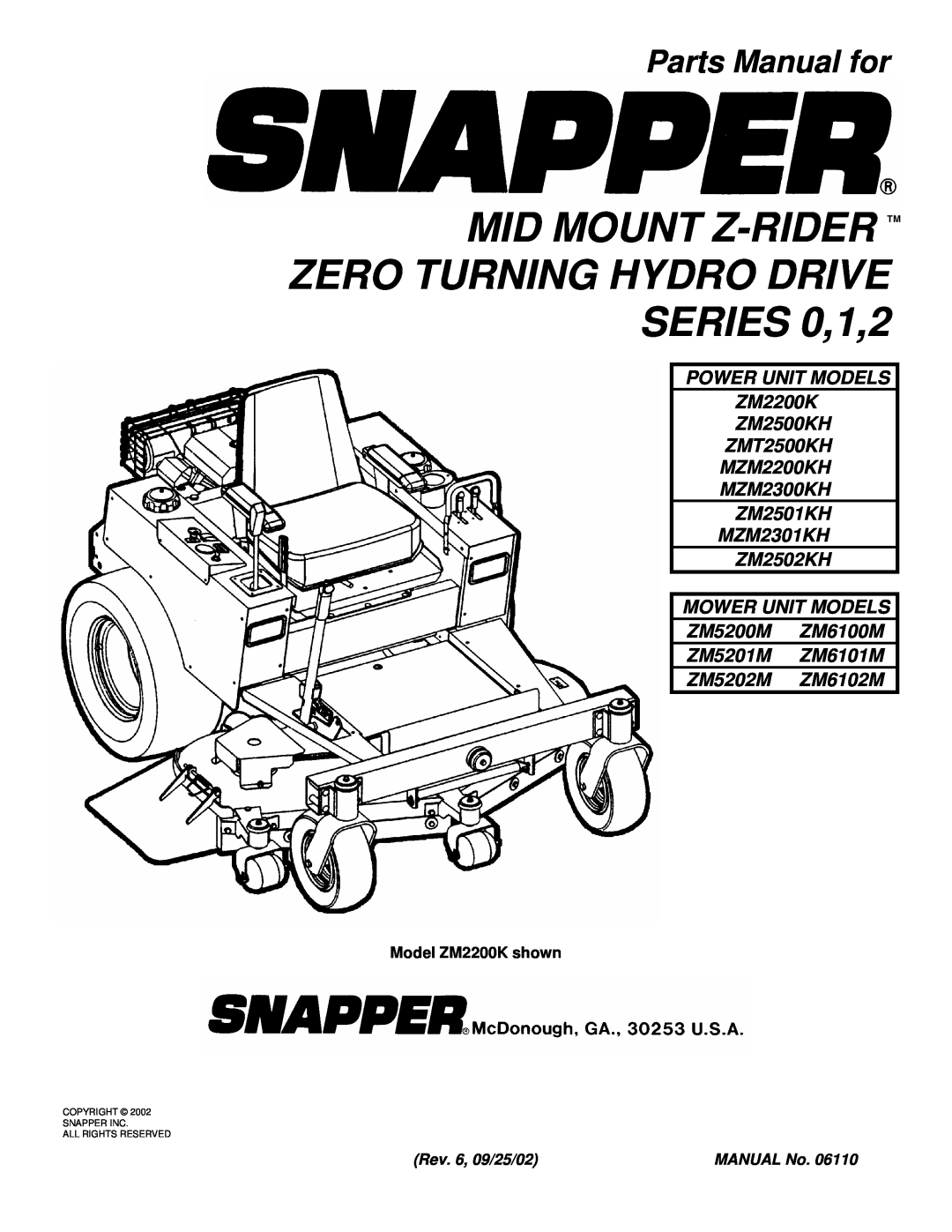 Snapper MZM2300KH manual Mid Mount Z-Rider Tm Zero Turning Hydro Drive, SERIES 0,1,2, Parts Manual for, ZM5202M ZM6102M 