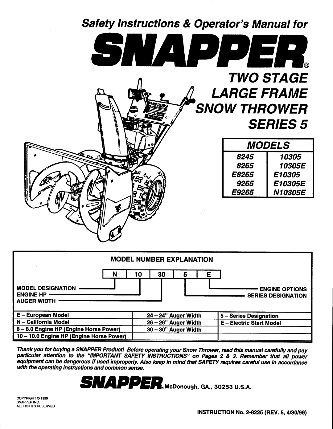 Snapper E10305E, N10305E, E8265 manual 