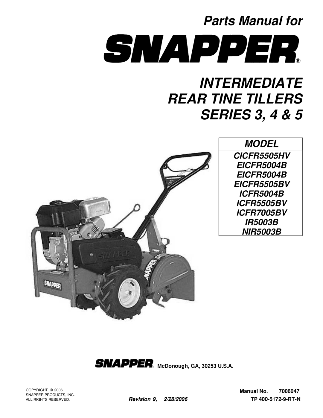 Snapper ICFR5505BV, NIR5003B, ICFR7005BV, CICFR5505HV manual Intermediate Rear Tine Tillers Series 3, 4 