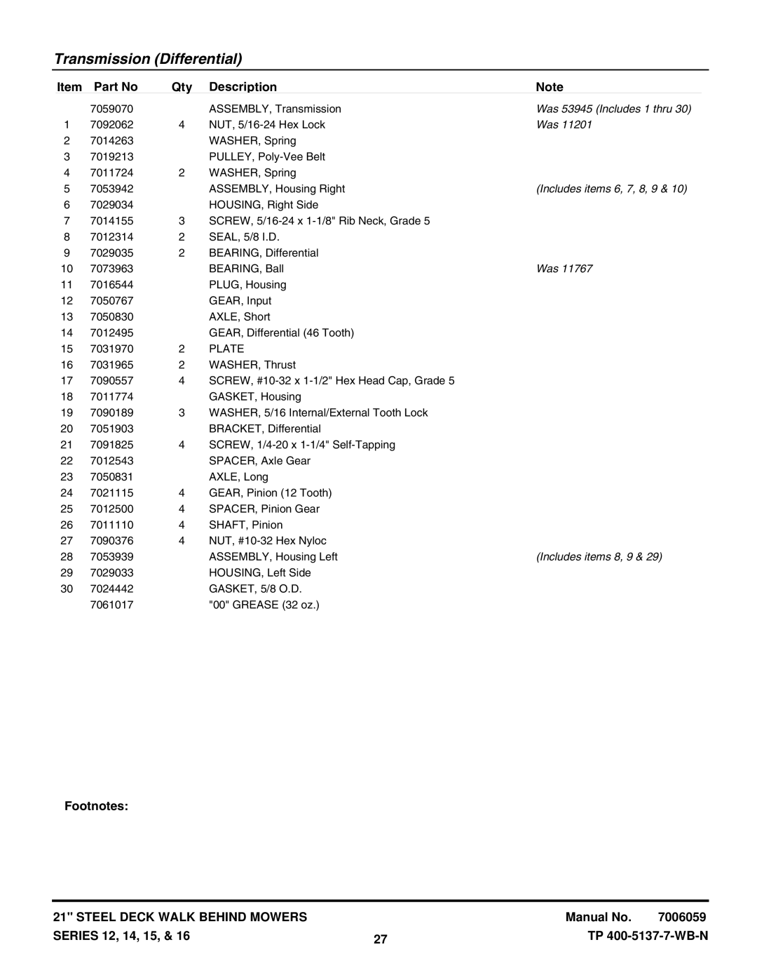 Snapper NP216012 manual Was 53945 Includes 1 thru, Includes items 6, 7, 8, 9, Includes items 8, 9 