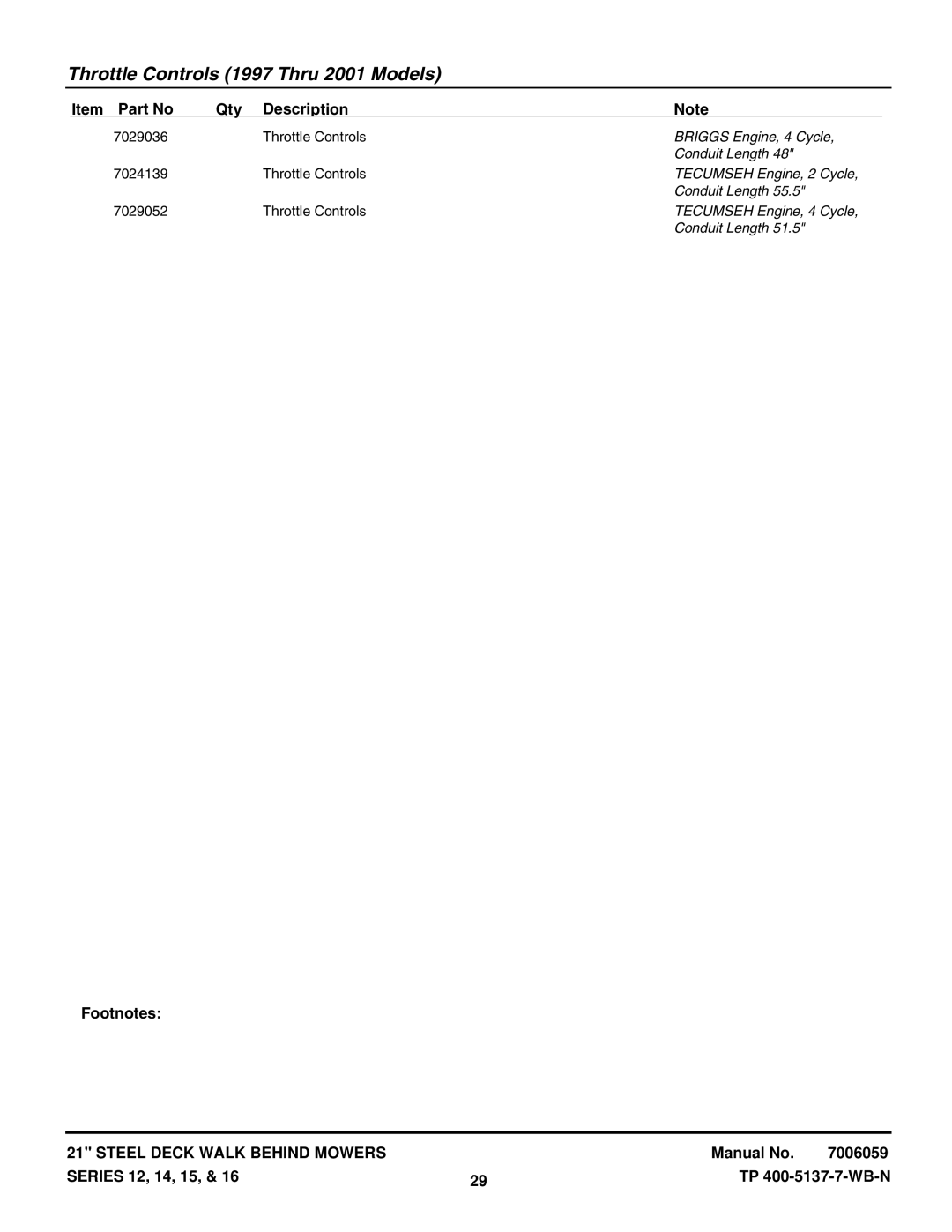 Snapper NP216012 manual Briggs Engine, 4 Cycle, Conduit Length, Tecumseh Engine, 2 Cycle, Tecumseh Engine, 4 Cycle 