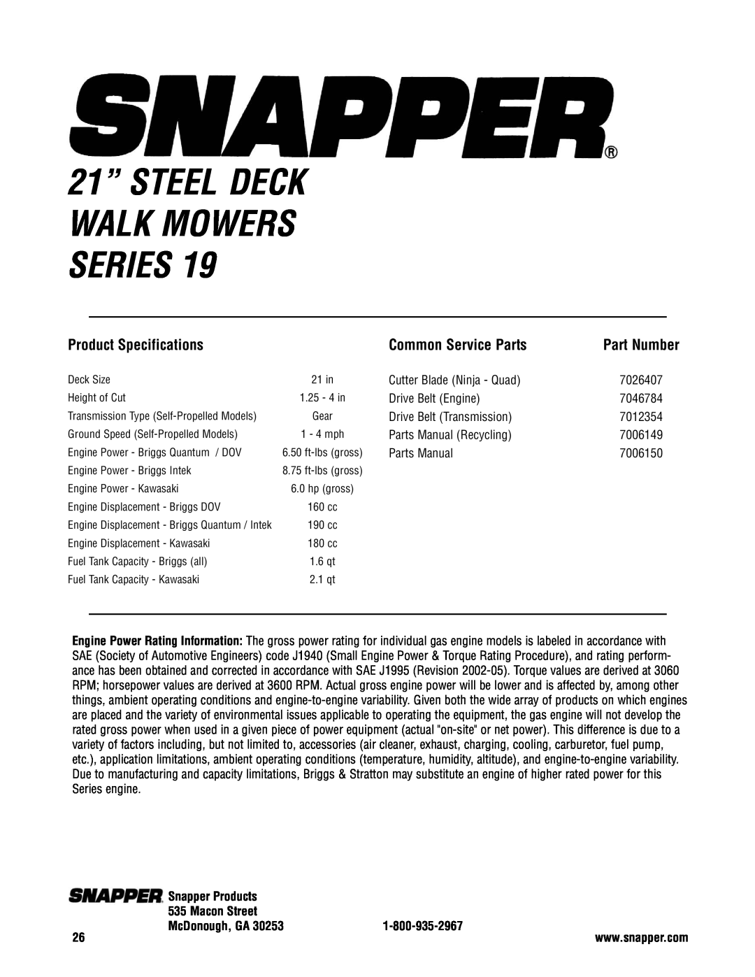 Snapper NP2167519B specifications Product Specifications, Common Service Parts, Part Number, Snapper Products, Macon Street 