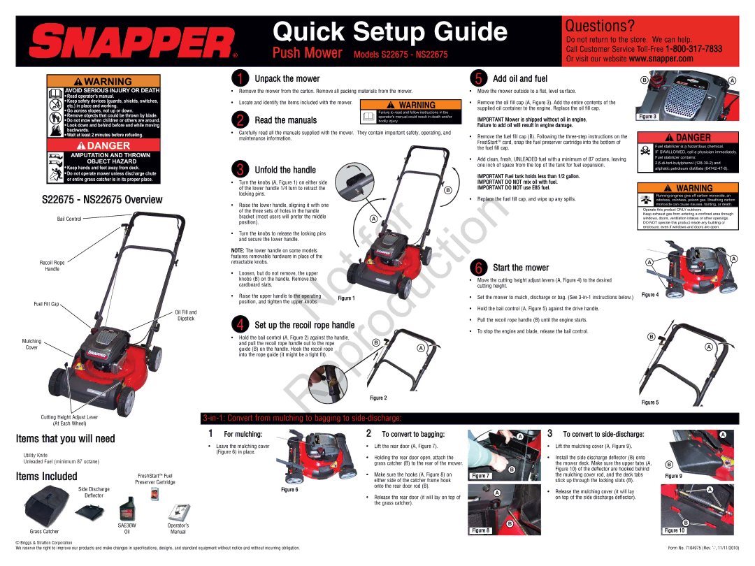 Snapper NS22675 setup guide Items that you will need, Items Included 