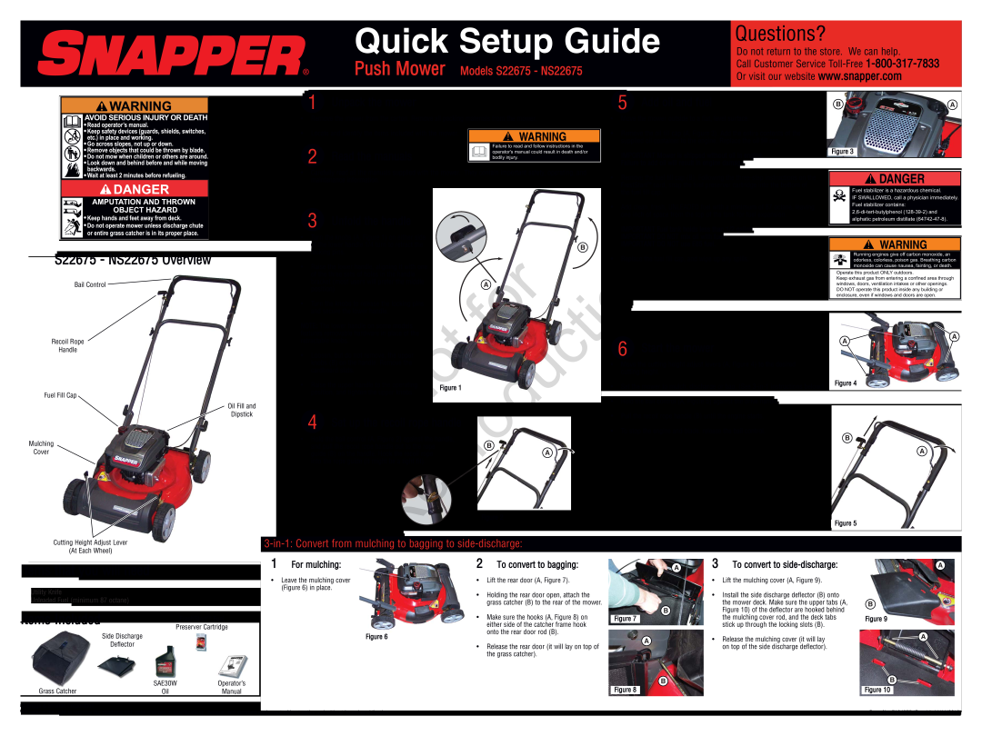 Snapper setup guide Items that you will need, Items Included, Push Mower Models S22675 - NS22675, Unpack the mower 