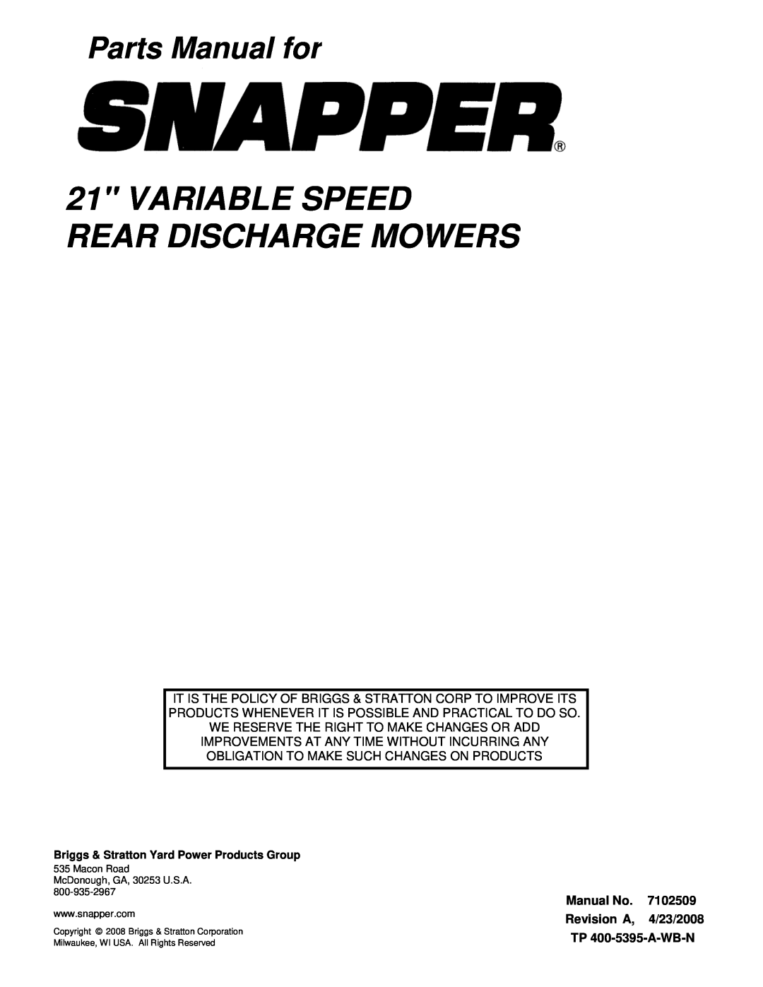Snapper NSPV21675, NSPV21675E, SPV21675, SPV21675E, SPV21675EFC, SPV21675FC manual Revision A, 4/23/2008, Parts Manual for 