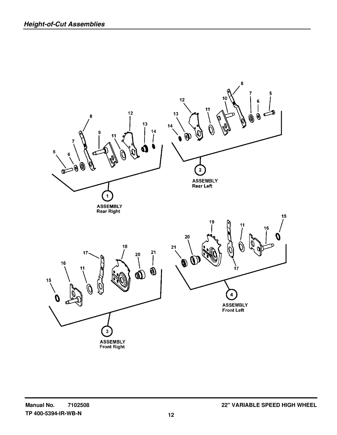 Snapper NSPV22675HW (7800230), SPV22675HWFC (7800264), SPV22675HW (7800190) manual Height-of-Cut Assemblies 