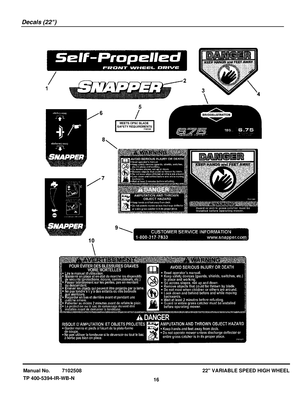 Snapper NSPV22675HW (7800230), SPV22675HWFC (7800264), SPV22675HW (7800190) manual Decals 