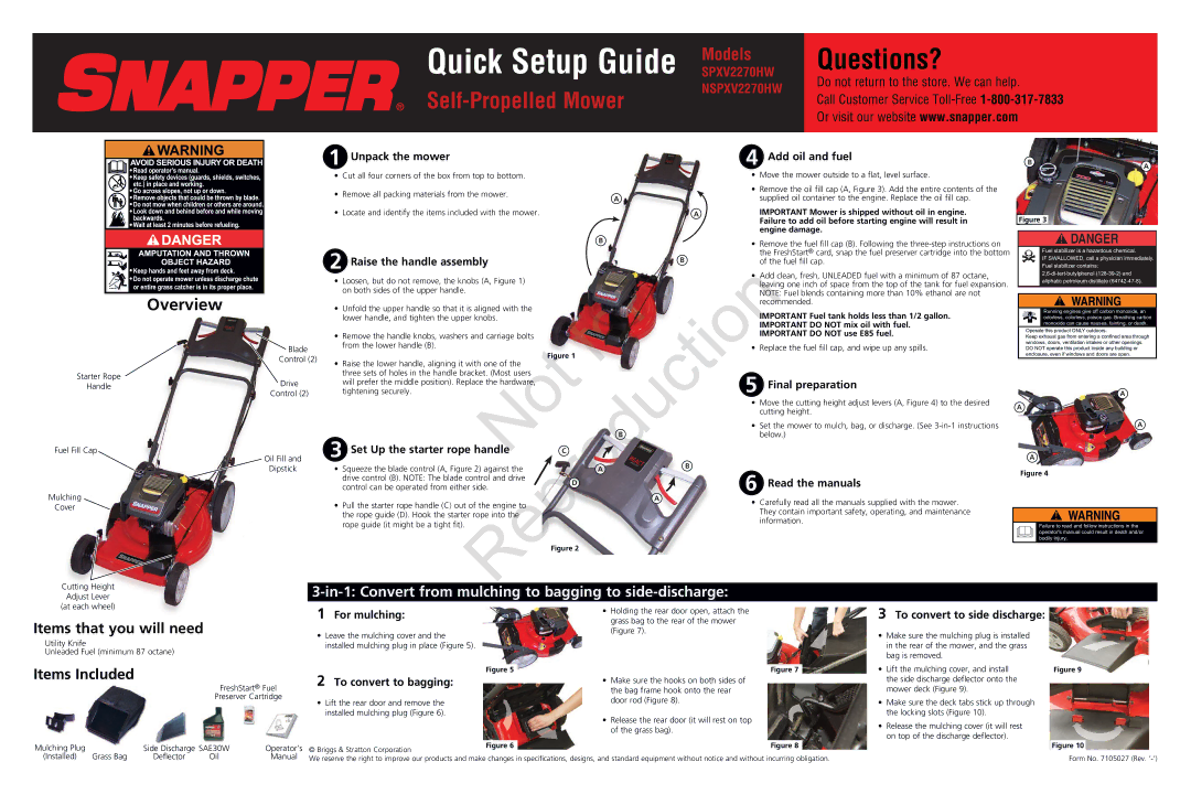 Snapper SPXV2270HW setup guide Unpack the mower Add oil and fuel, Raise the handle assembly, Final preparation 