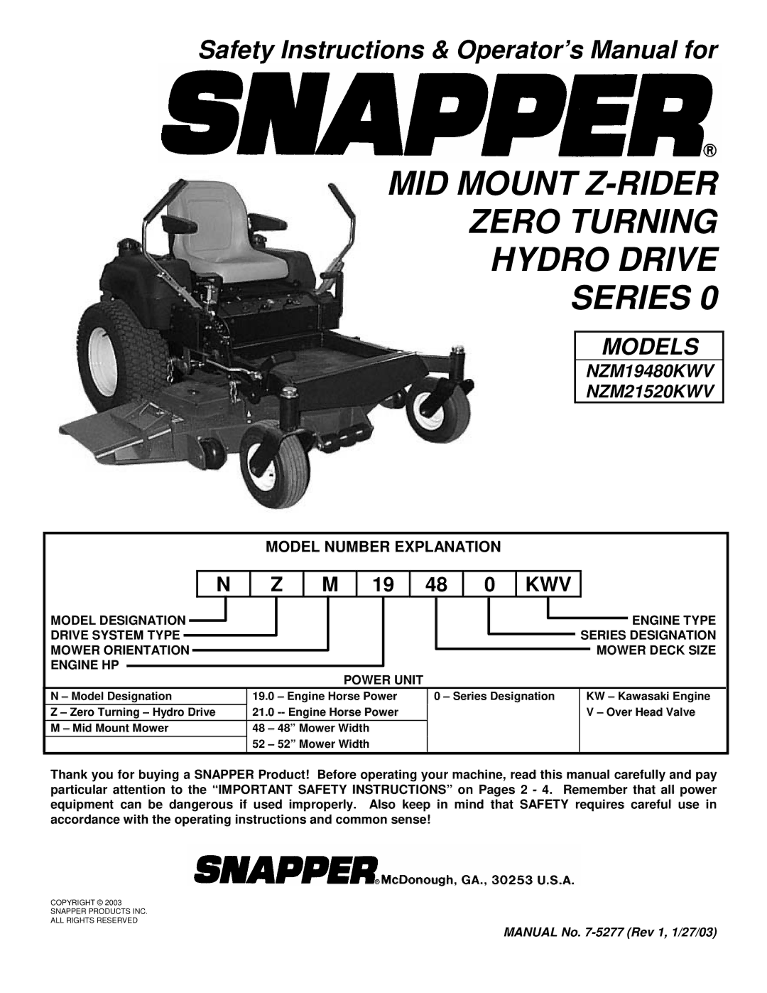 Snapper NZM19480KWV, NZM21520KWV important safety instructions MID Mount Z-RIDER Zero Turning Hydro Drive Series 