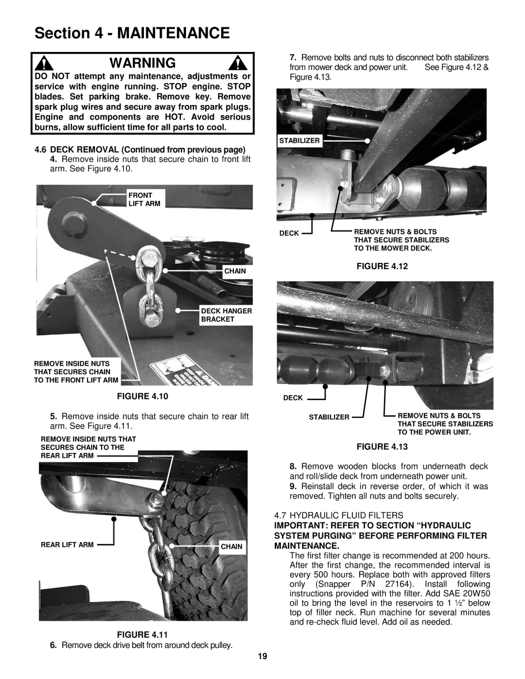 Snapper NZM19480KWV, NZM21520KWV important safety instructions Hydraulic Fluid Filters 