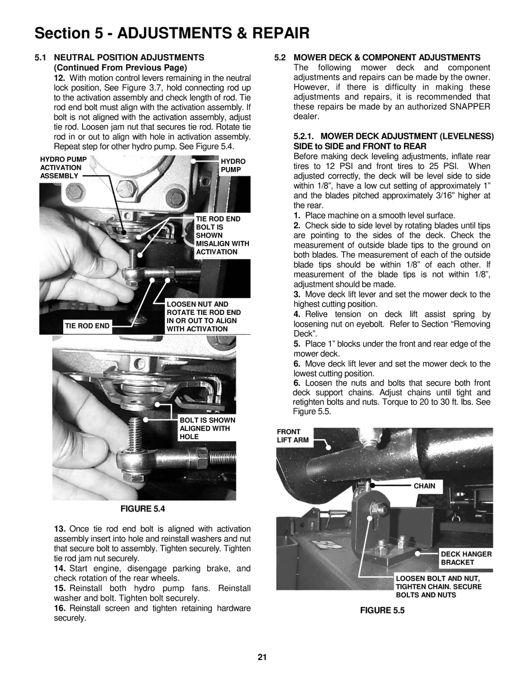 Snapper NZM19480KWV, NZM21520KWV Neutral Position Adjustments From Previous, Mower Deck & Component Adjustments 