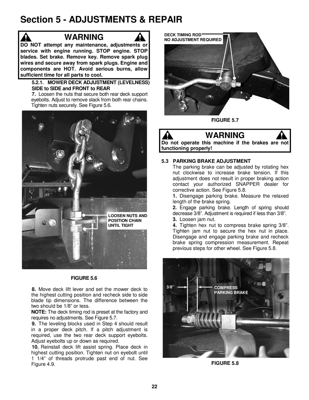 Snapper NZM19480KWV, NZM21520KWV important safety instructions Parking Brake Adjustment 