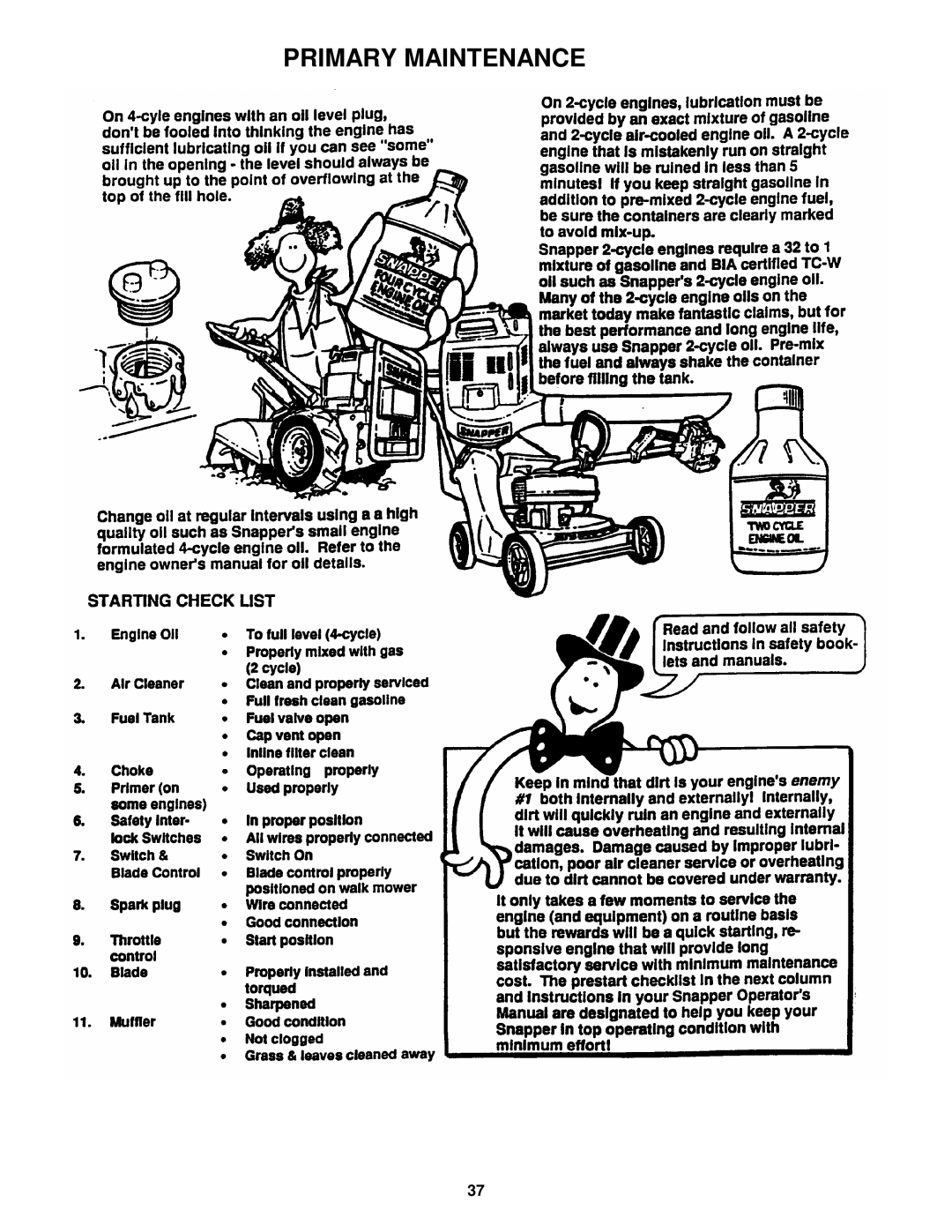 Snapper NZM19480KWV, NZM21520KWV important safety instructions Primary Maintenance 