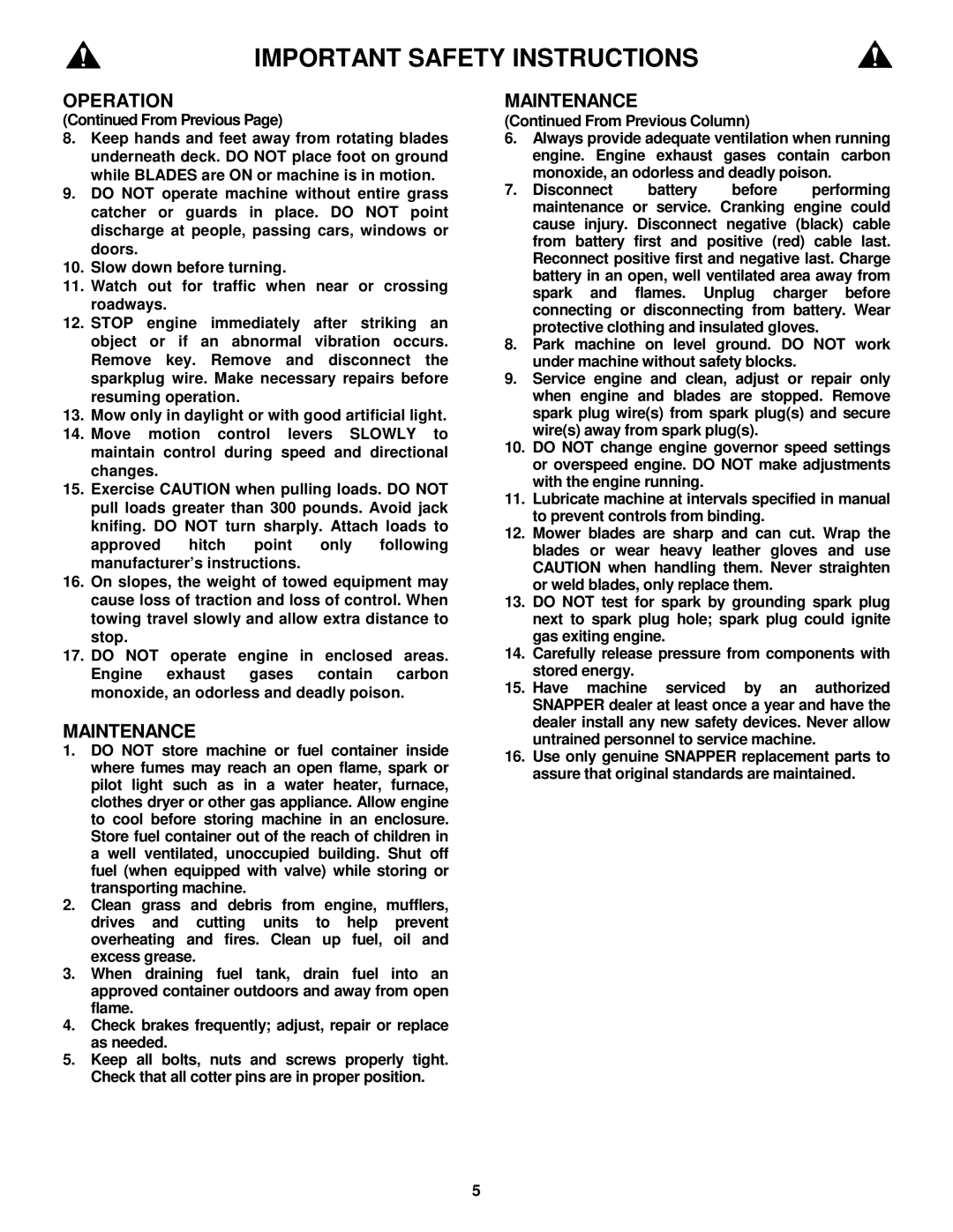 Snapper NZM19480KWV, NZM21520KWV important safety instructions Maintenance, From Previous Column 