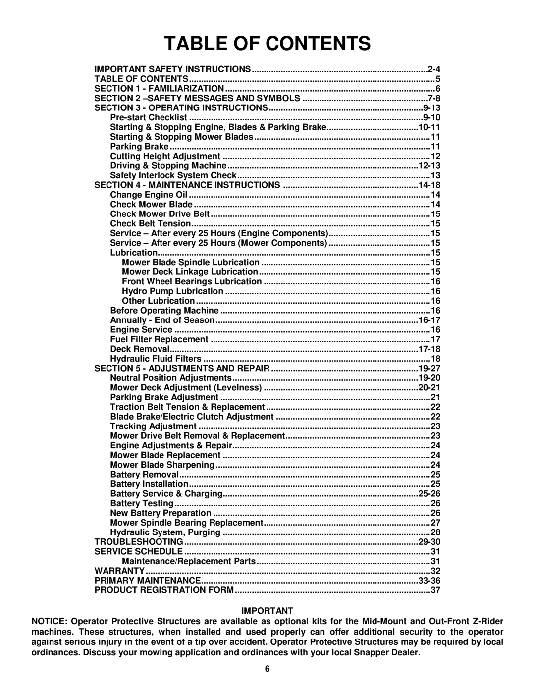 Snapper NZM19480KWV, NZM21520KWV important safety instructions Table of Contents 