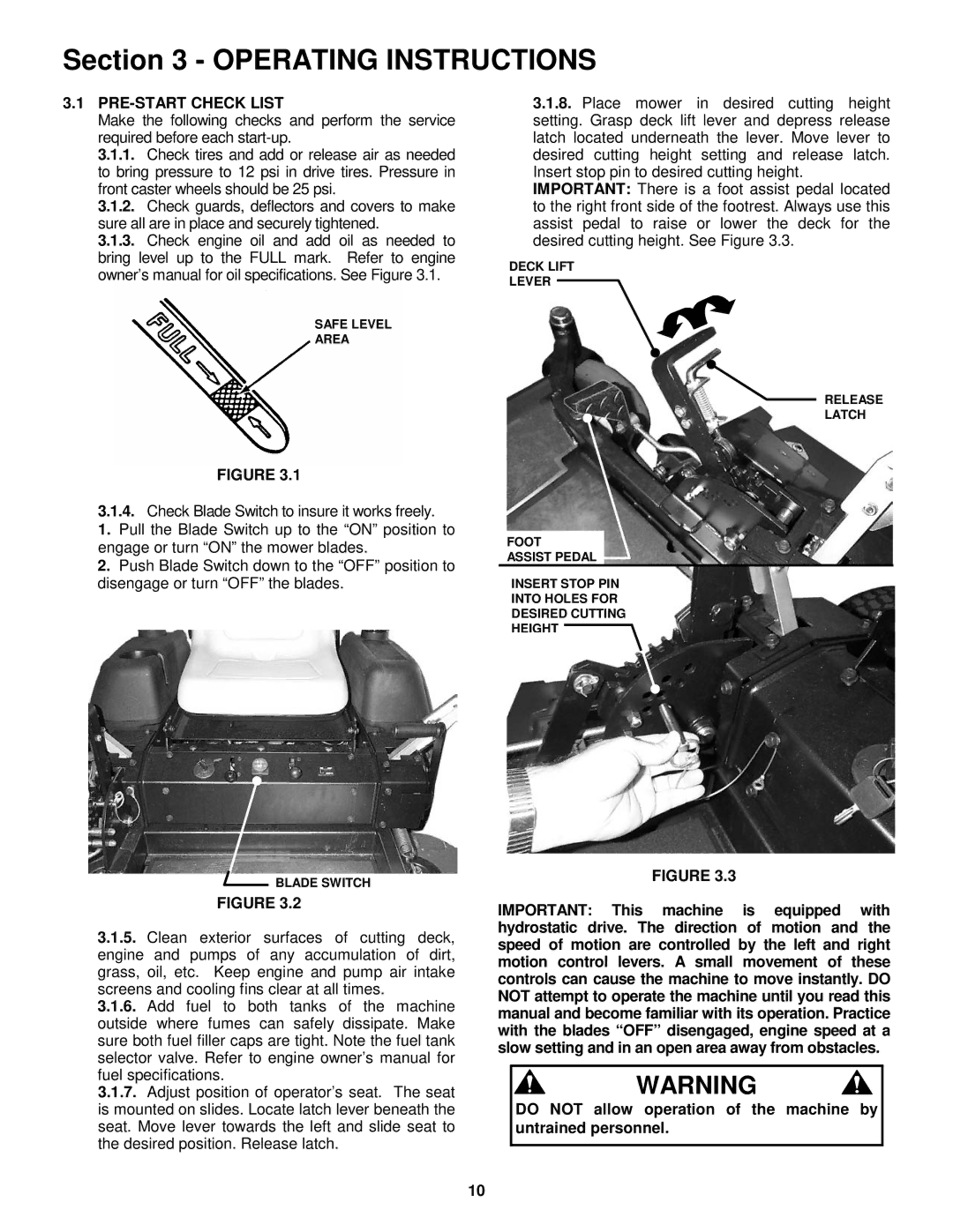 Snapper NZM19480KWV, NZM21520KWV PRE-START Check List, Do not allow operation of the machine by untrained personnel 