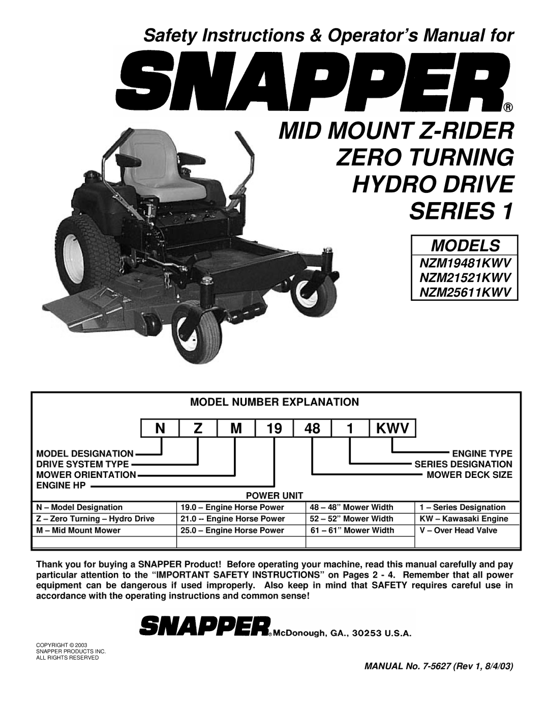 Snapper NZM19481KWV important safety instructions MID Mount Z-RIDER Zero Turning Hydro Drive Series 