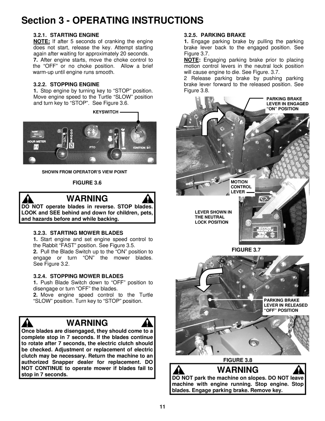 Snapper NZM19481KWV Stopping Engine, Starting Mower Blades, Stopping Mower Blades, Parking Brake 