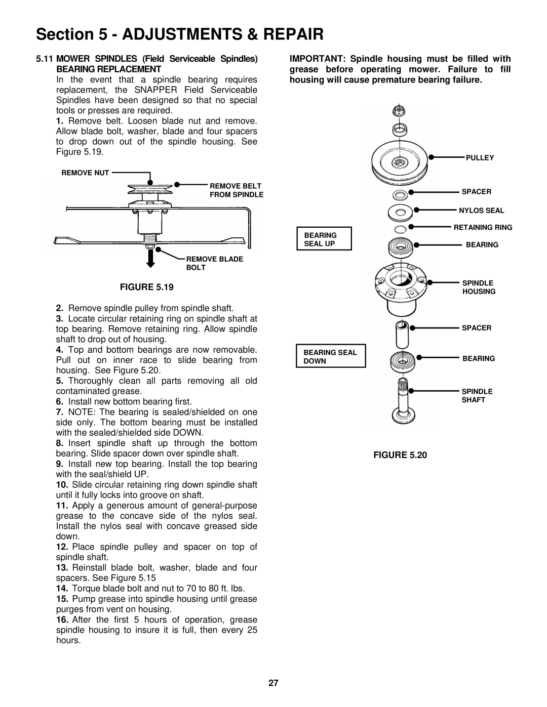 Snapper NZM19481KWV important safety instructions Bearing Replacement, Insert spindle shaft up through the bottom 