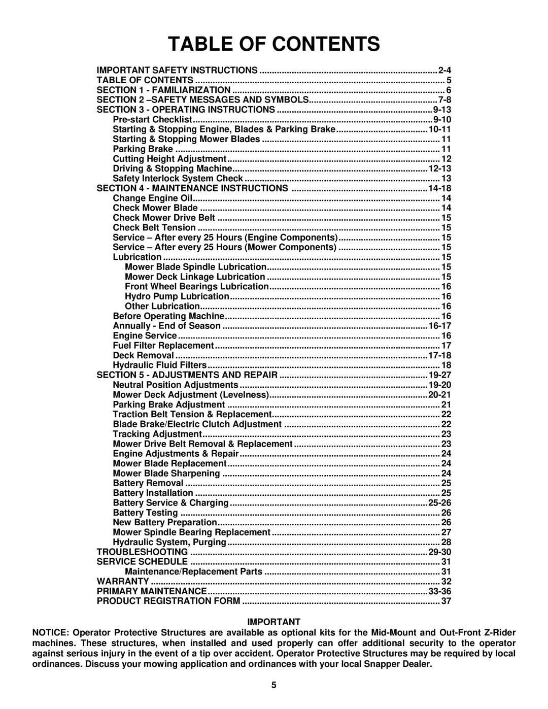 Snapper NZM19481KWV important safety instructions Table of Contents 