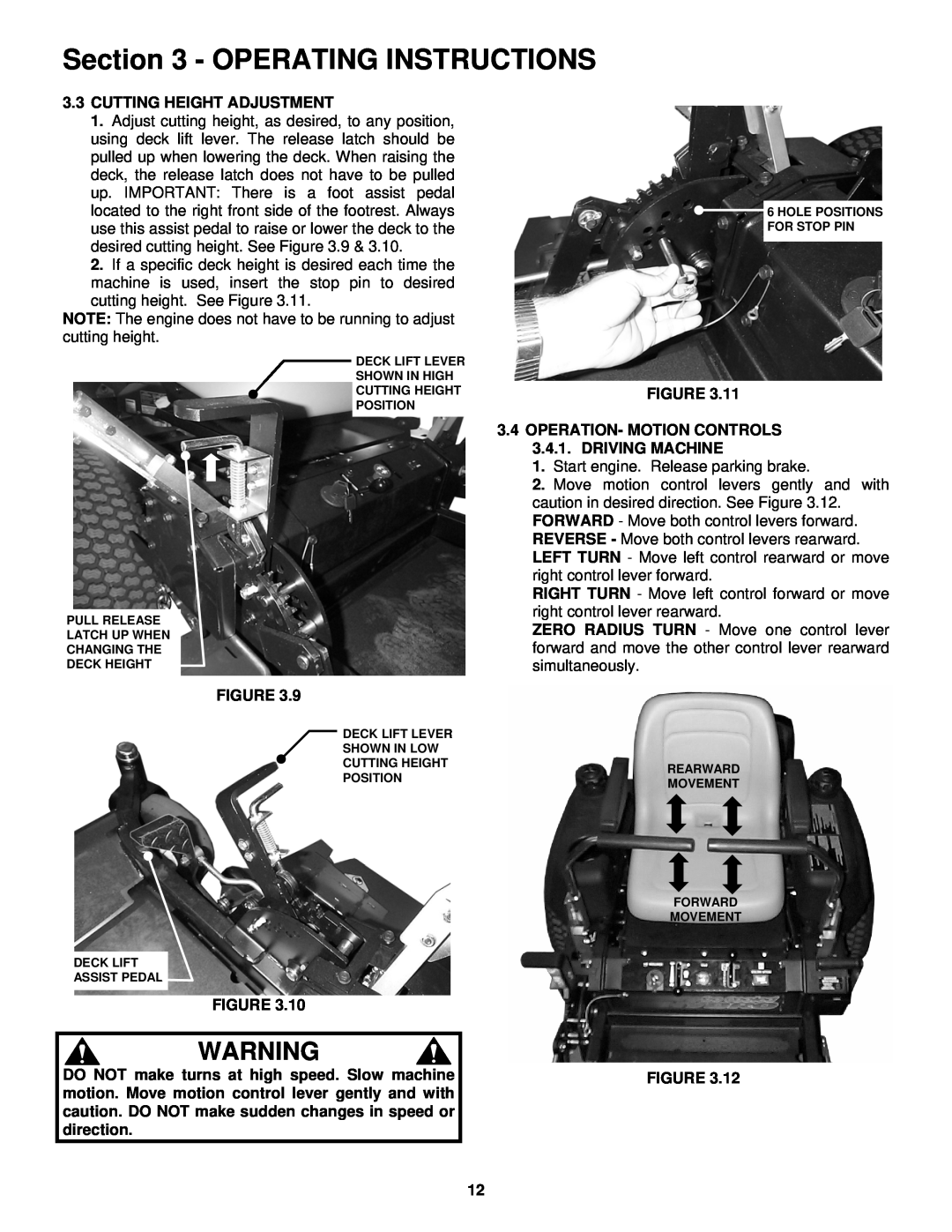 Snapper NZM19481KWV Operating Instructions, Cutting Height Adjustment, OPERATION- MOTION CONTROLS 3.4.1. DRIVING MACHINE 
