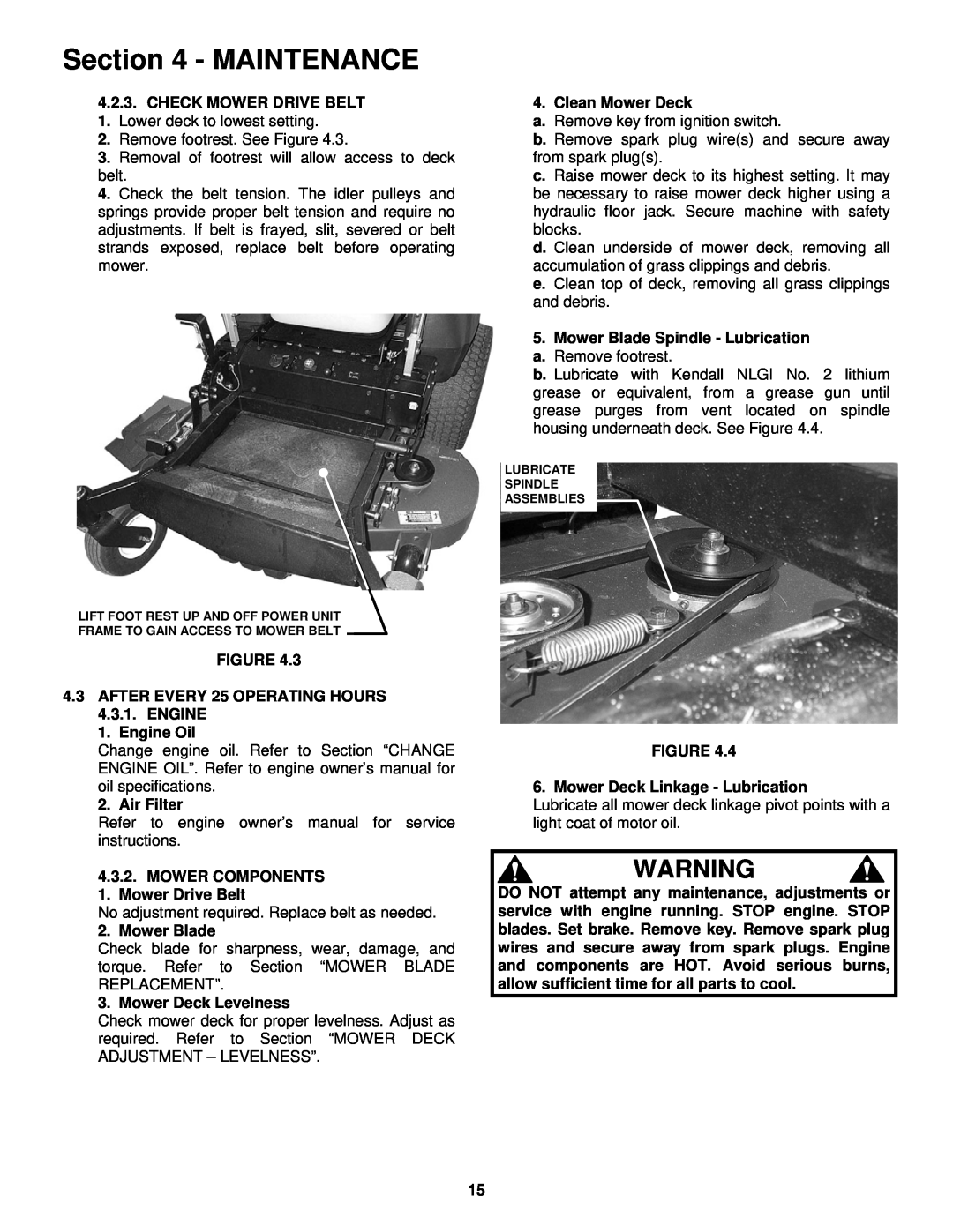 Snapper NZM19481KWV important safety instructions Maintenance, CHECK MOWER DRIVE BELT 1. Lower deck to lowest setting 