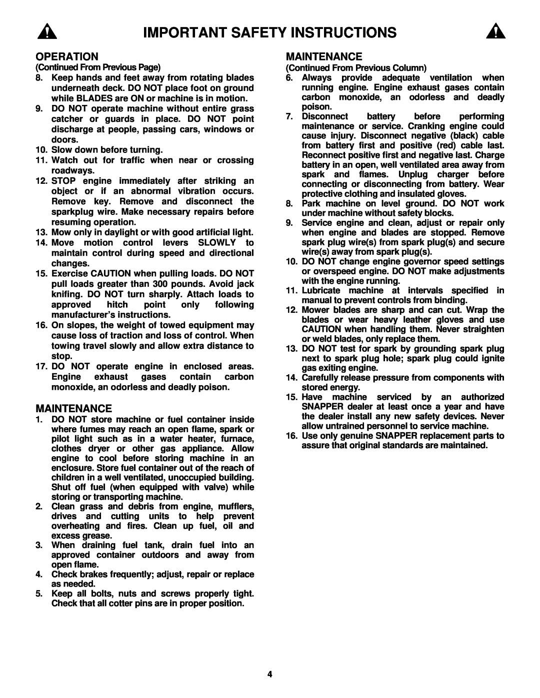 Snapper NZM19481KWV important safety instructions Important Safety Instructions, Operation, Maintenance 