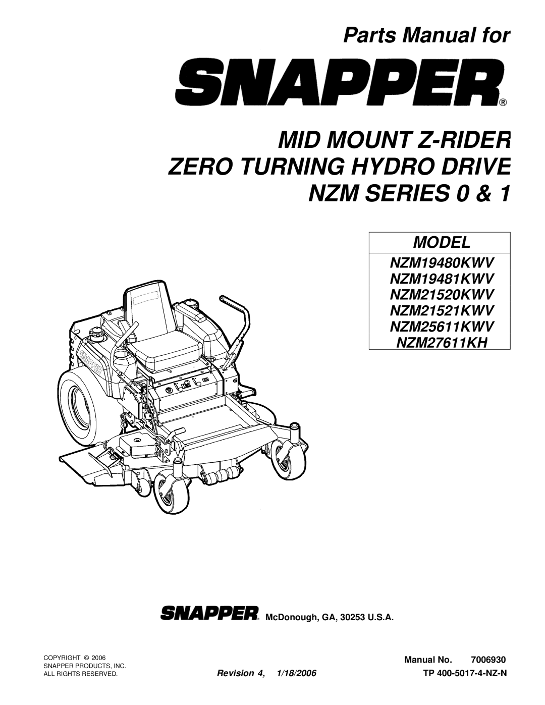 Snapper NZM19480KWV, NZM21520KWV manual MID Mount Z-RIDER Zero Turning Hydro Drive NZM Series 0 