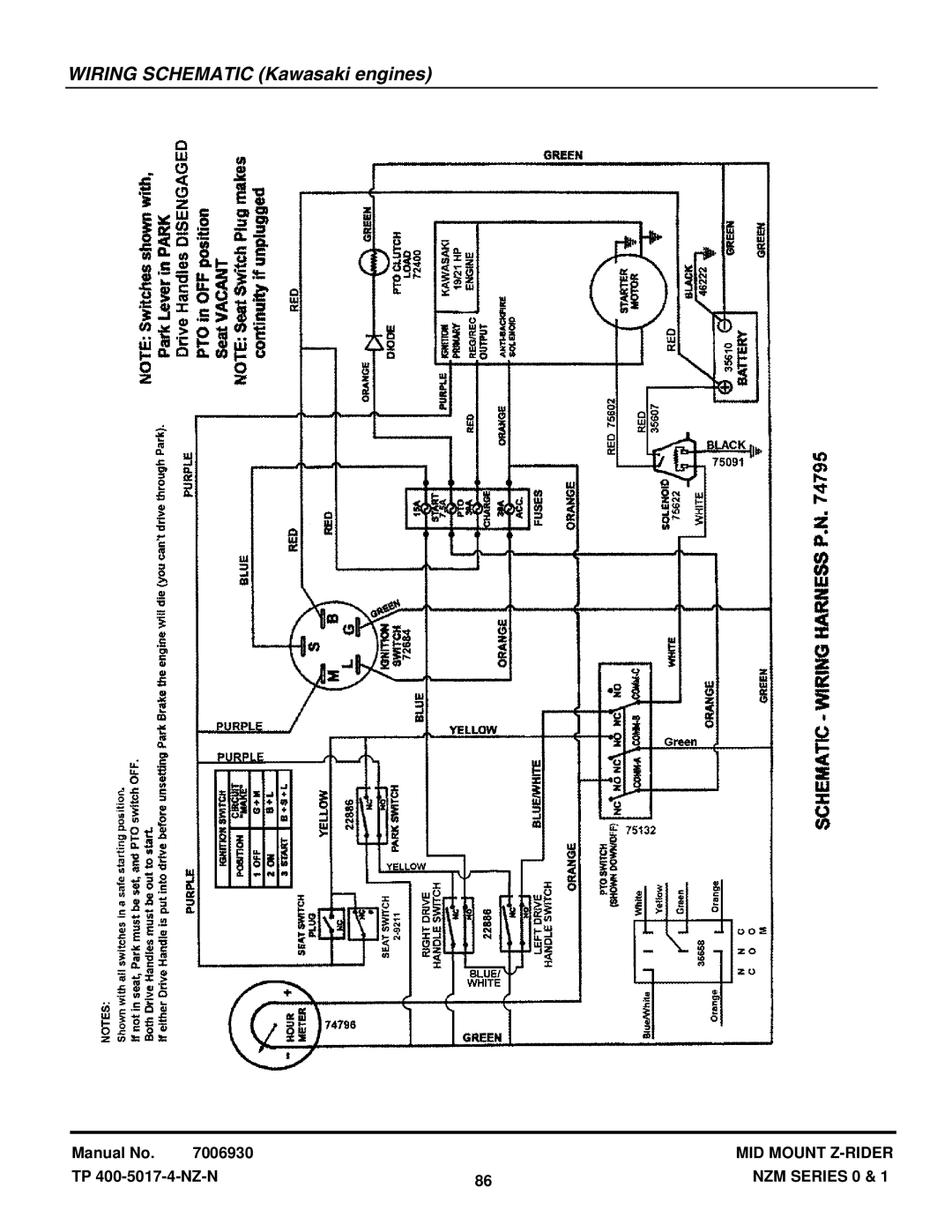 Snapper NZM21520KWV, NZM19480KWV manual Wiring Schematic Kawasaki engines 