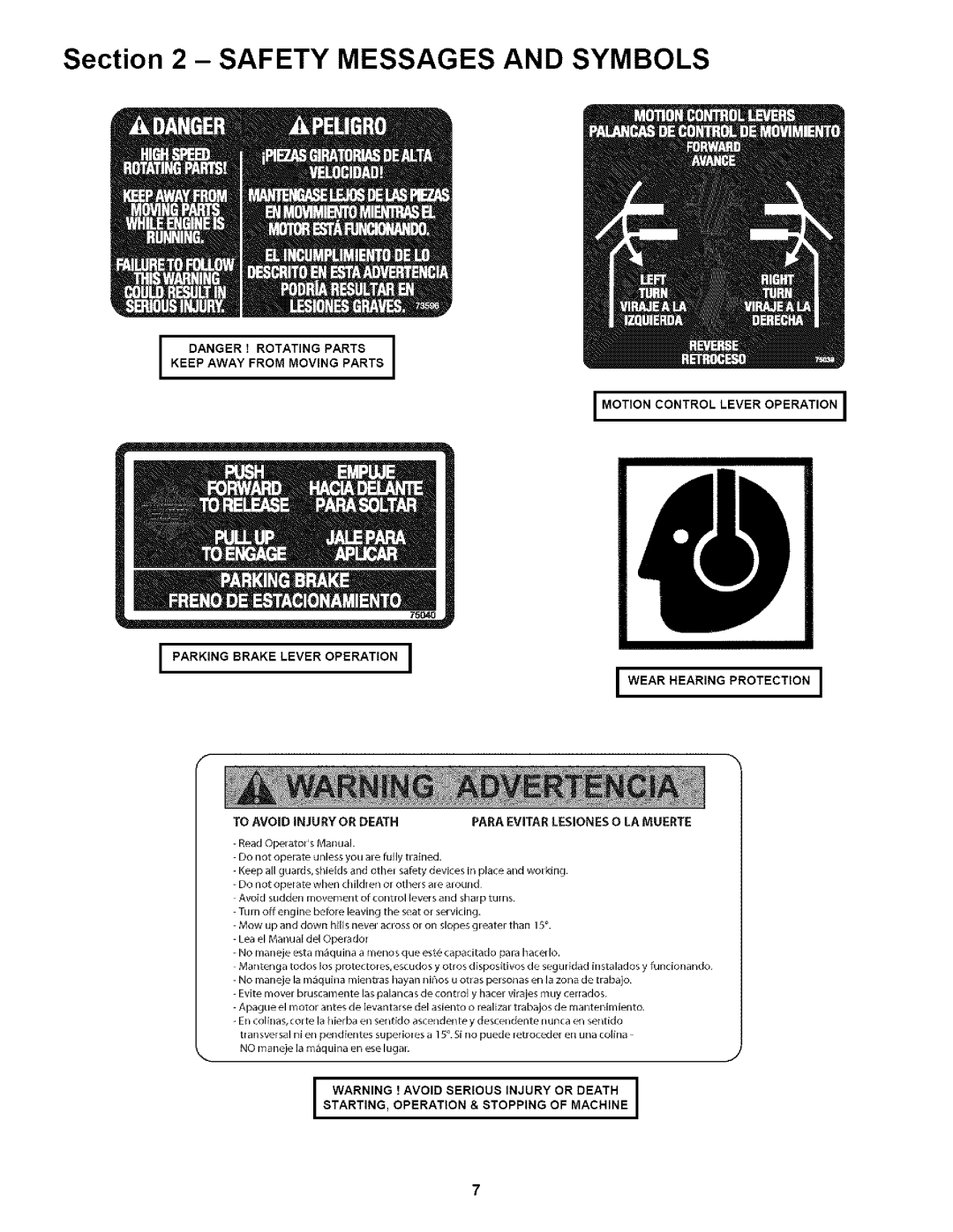 Snapper NZM25613KWV, NZM27 613KH Safety Messages and Symbols, Parking Brake Lever Operation Wear Hearing Protection 