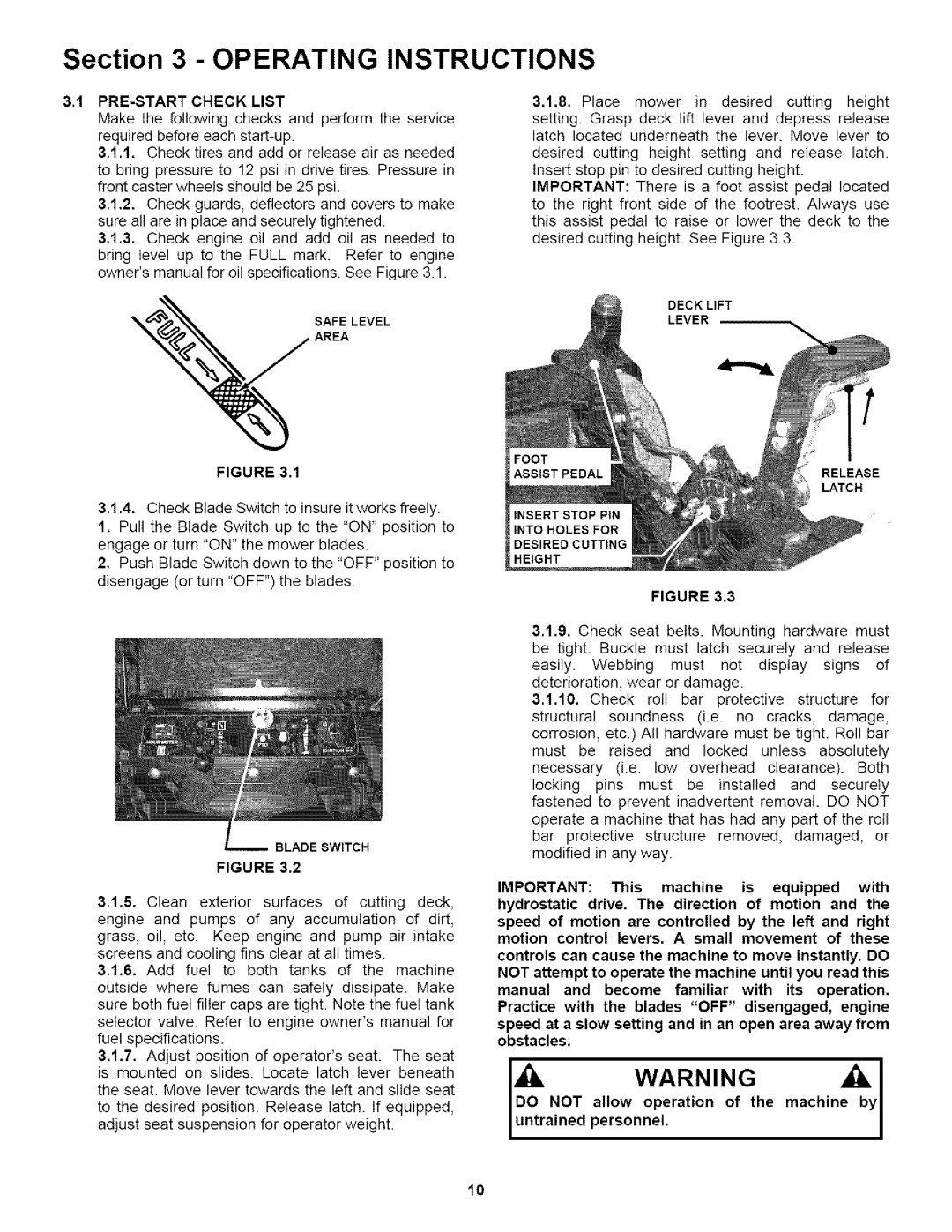 Snapper NZM27 613KH, NZM25523KWV, NZM25613KWV, NZM19483KWV, NZM21523KWV Operating Instructions, PRE-START Check List 