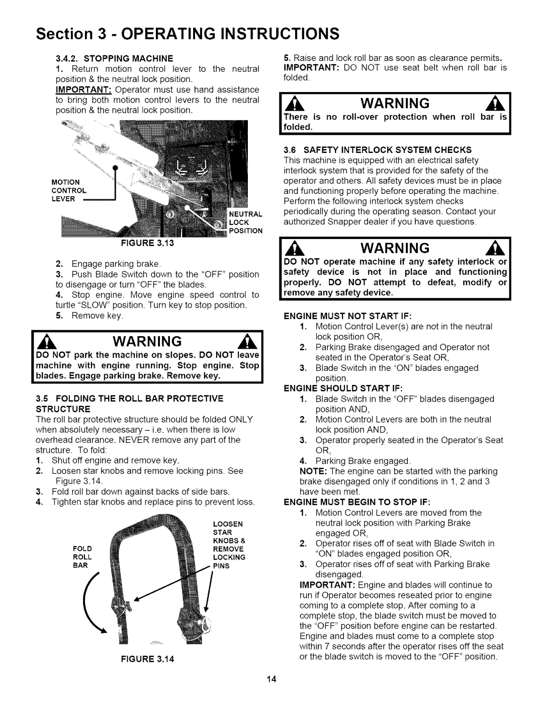 Snapper NZM25523KWV 2, Stopping Machine, Safety Interlock System Checks, Folding the Roll BAR Protective Structure 