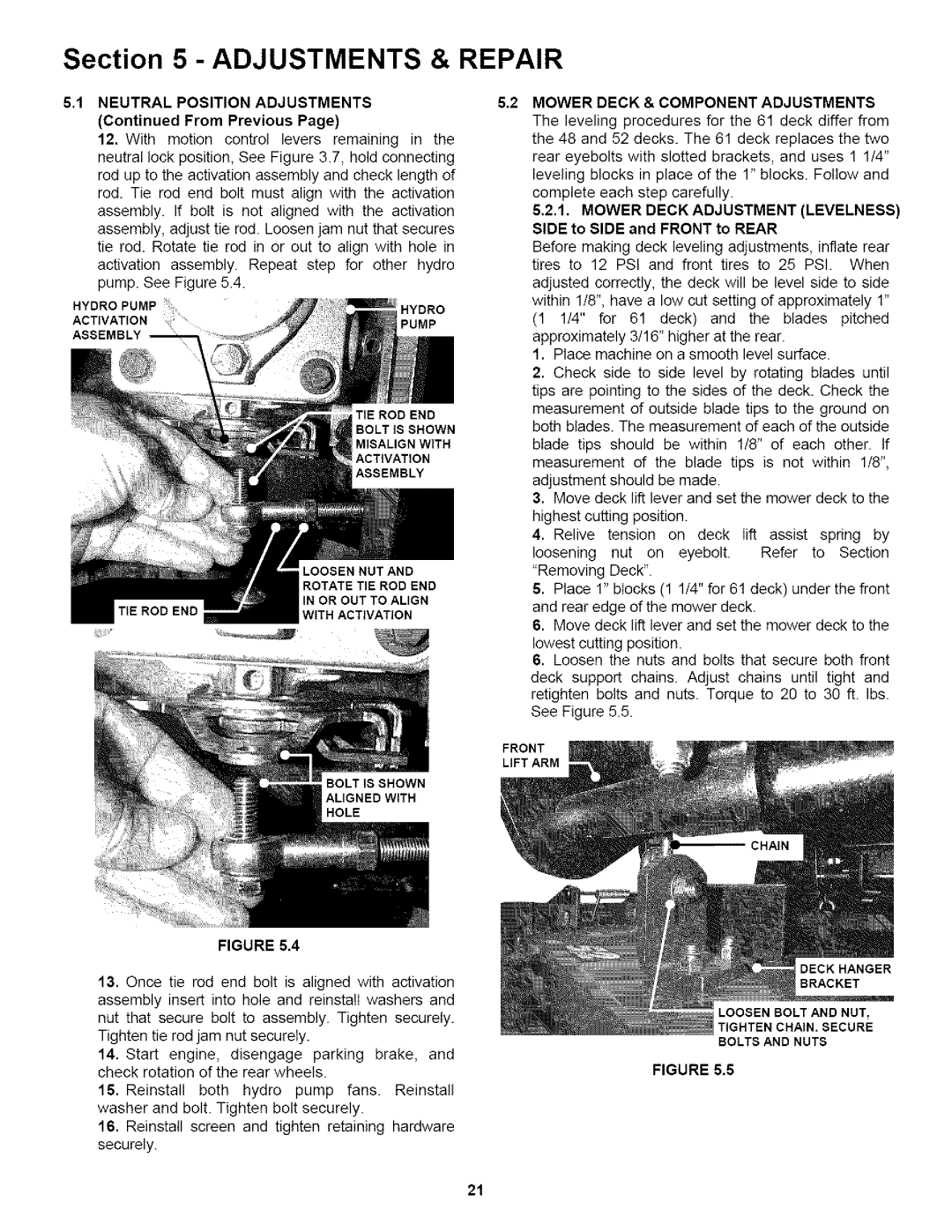 Snapper NZM21523KWV Section, Neutral Position Adjustments Mower Deck & Component, Mower Deck Adjustment Levelness 