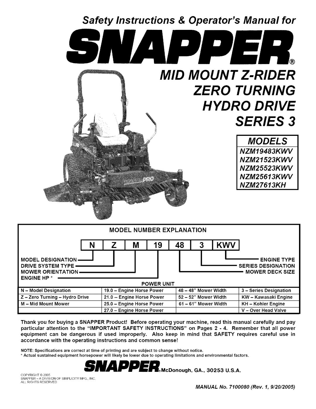 Snapper NZM25523KWV important safety instructions Safety Instructions & Operators Manual for, Model Designation, Engine 
