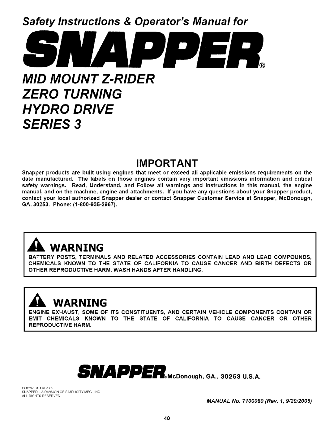 Snapper NZM21523KWV _l_ WARNING, GA., 30253 U.S.A, SNAPPERo.coonouo, Mid Mount Z-Rider Zero Turning Hydro Drive Series 