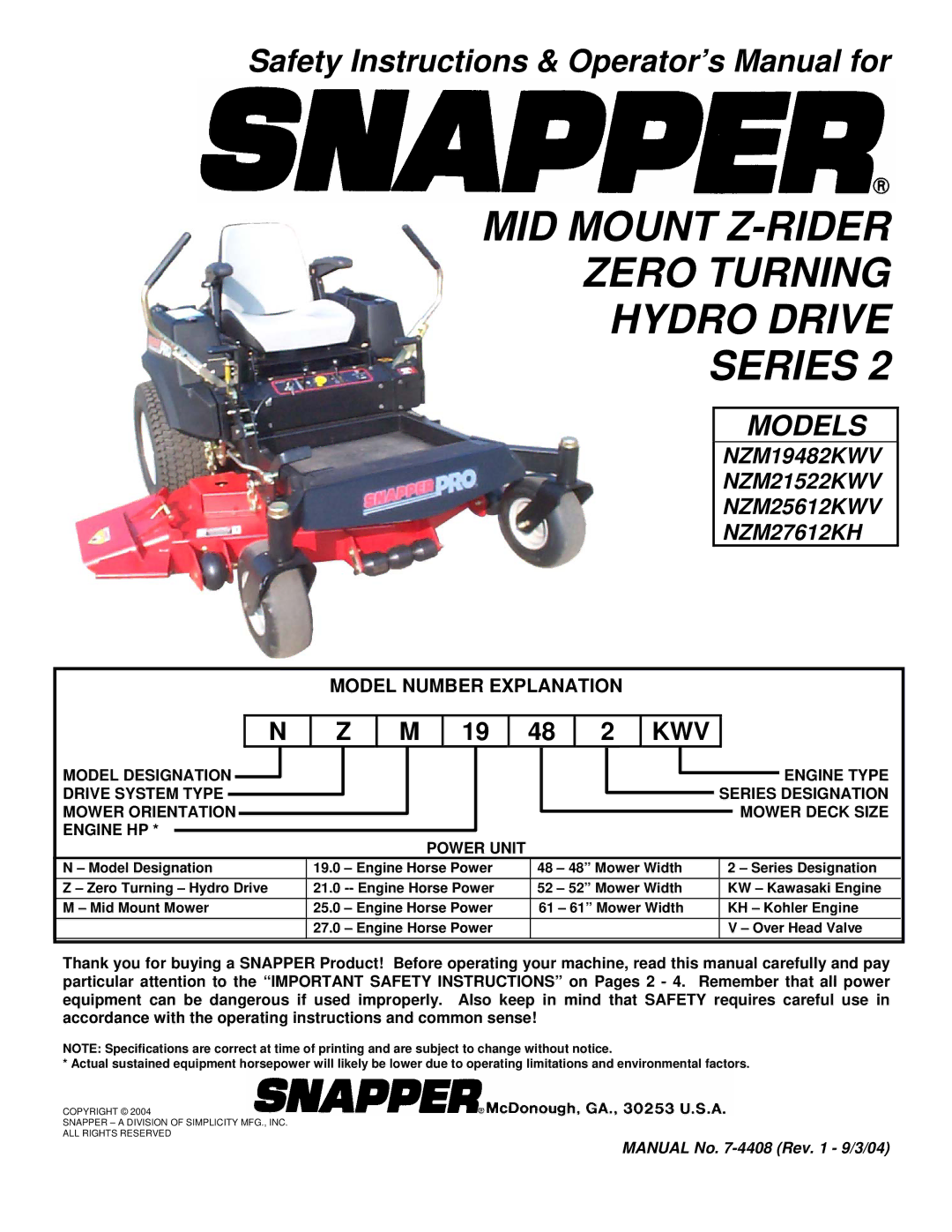 Snapper NZM21522KWV, NZM19482KWV, NZM25612KWV, NZM27612KH important safety instructions 