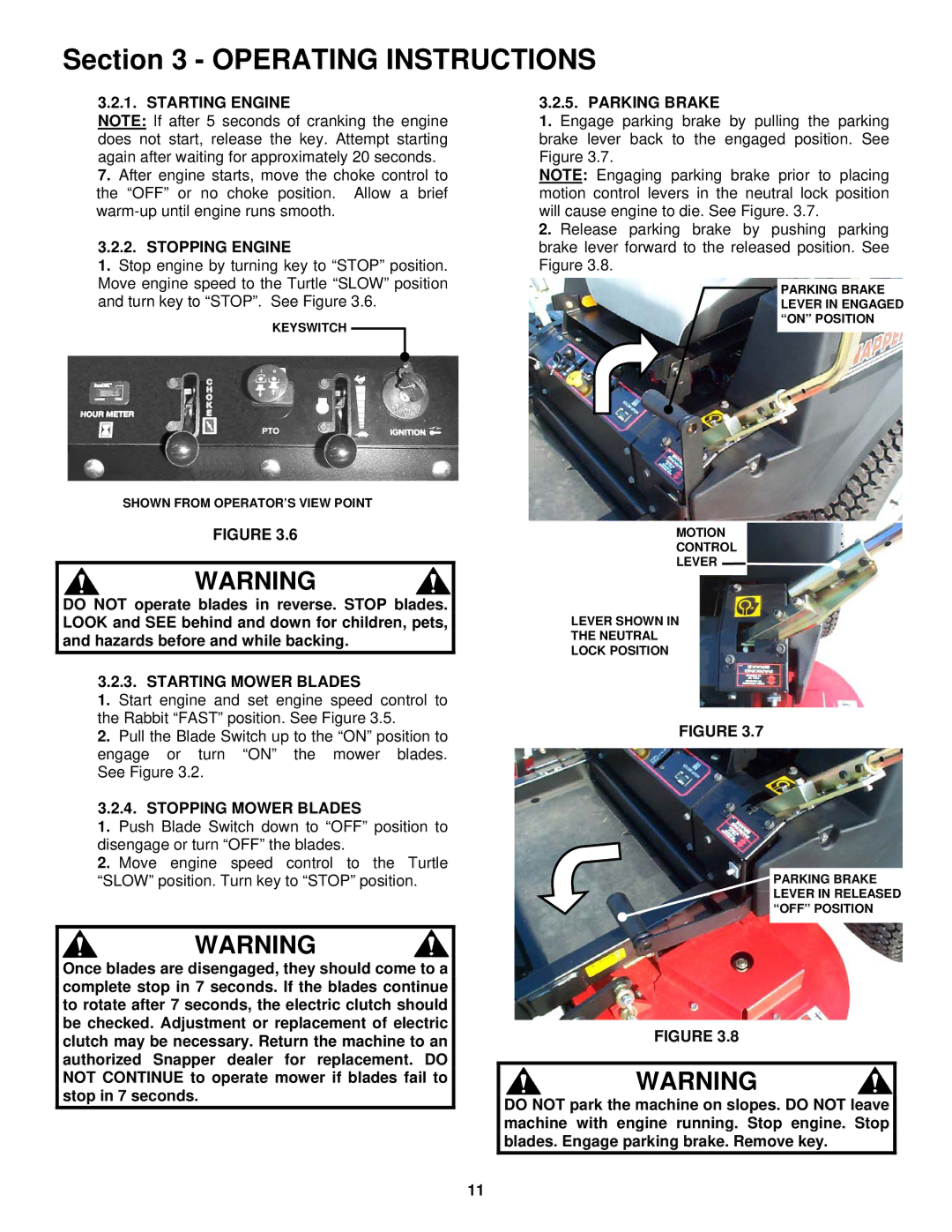 Snapper NZM25612KWV, NZM19482KWV, NZM21522KWV, NZM27612KH Stopping Engine, Starting Mower Blades, Stopping Mower Blades 