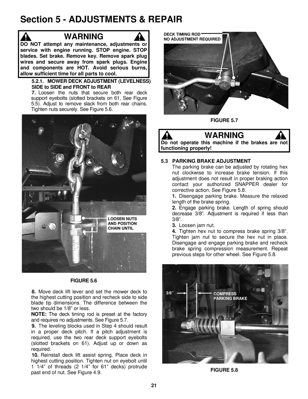 Snapper NZM21522KWV, NZM19482KWV, NZM25612KWV, NZM27612KH important safety instructions Parking Brake Adjustment 