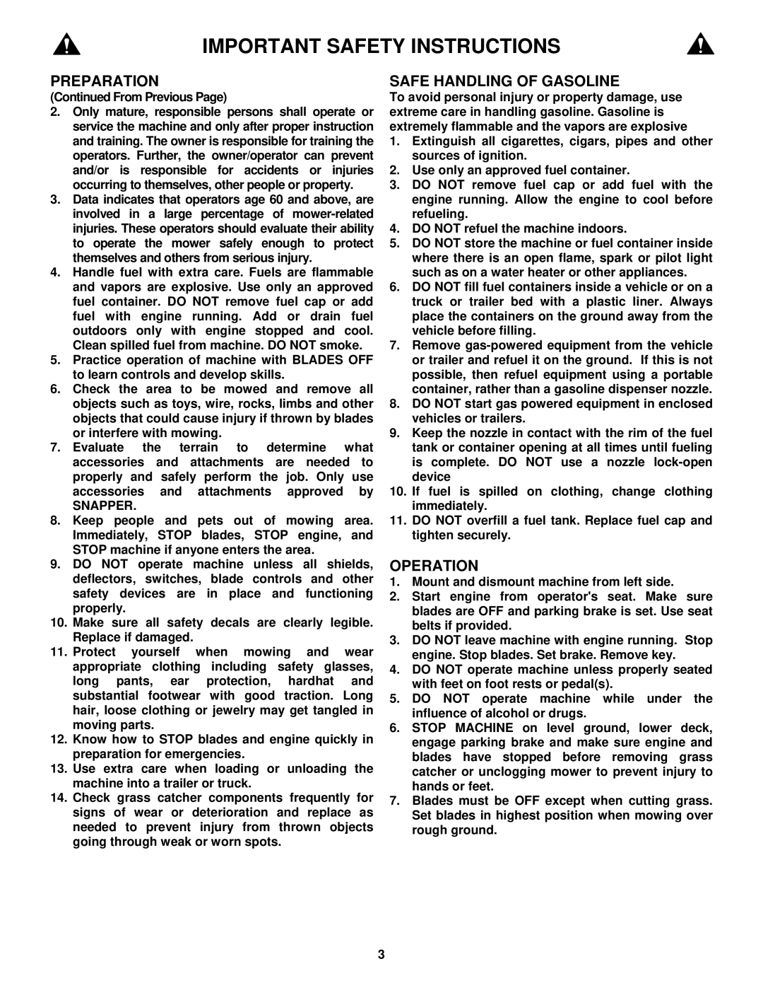 Snapper NZM25612KWV, NZM19482KWV, NZM21522KWV, NZM27612KH important safety instructions From Previous, Snapper 