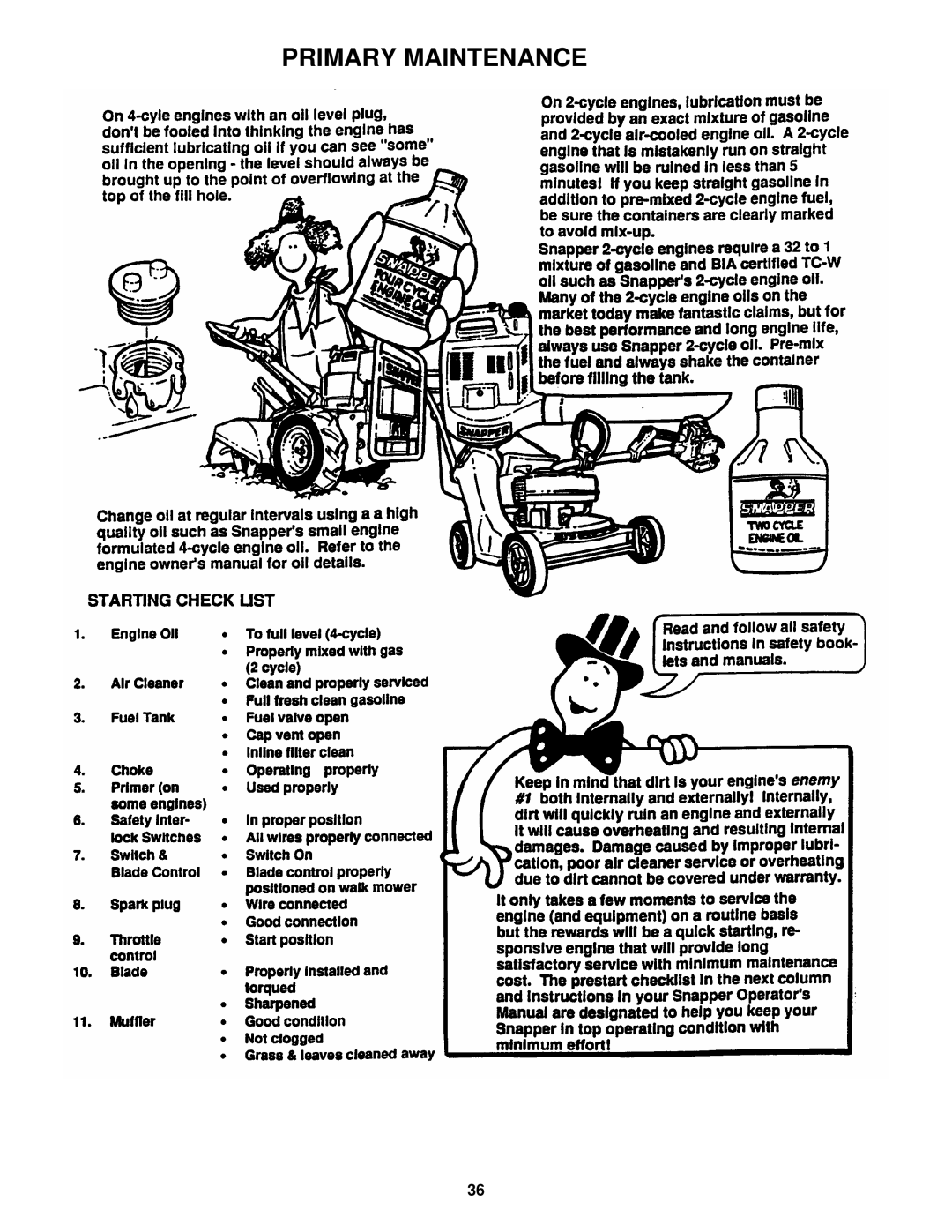 Snapper NZM27612KH, NZM19482KWV, NZM21522KWV, NZM25612KWV important safety instructions Primary Maintenance 